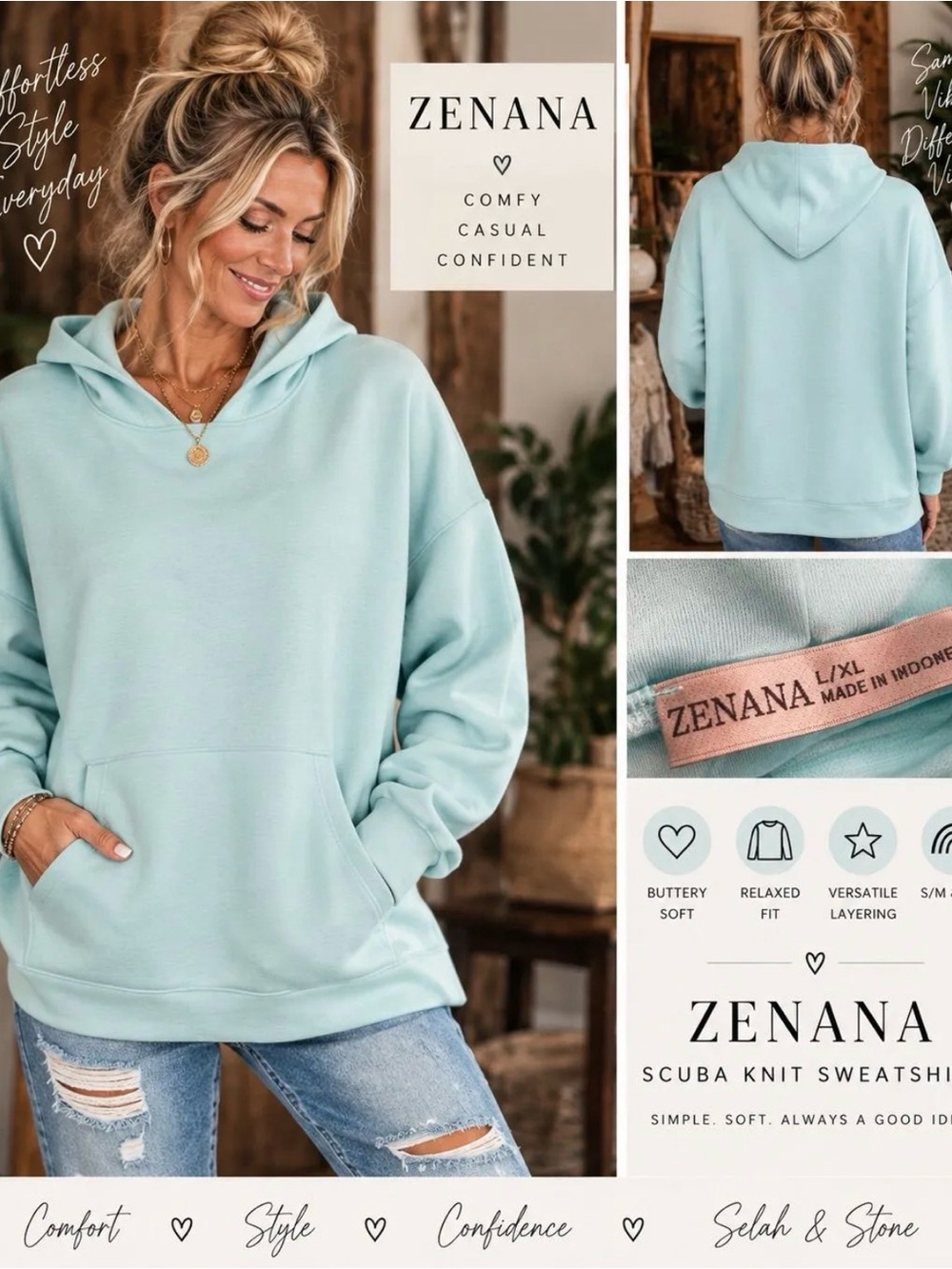 Zenana Outfitters Mint Light Blue Scuba Knit Hoodie